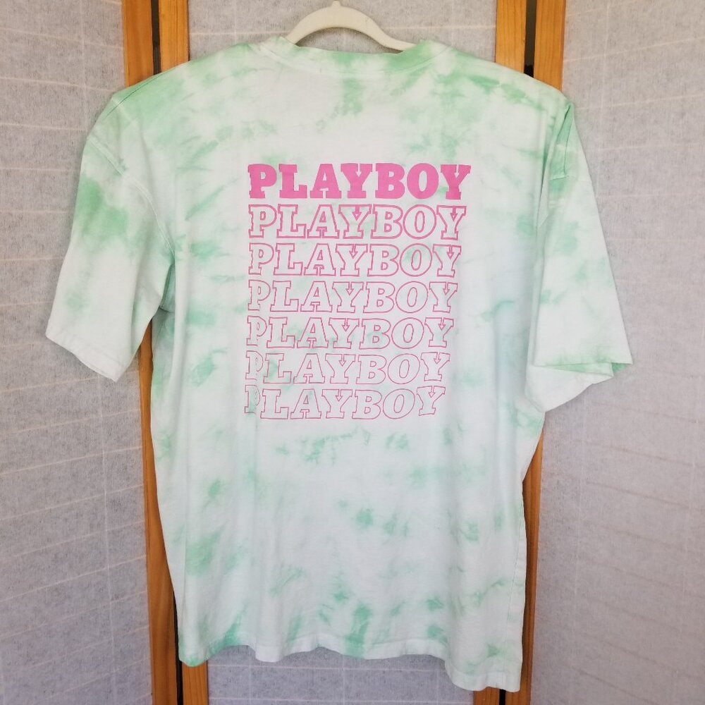 Playboy X Missguided Tie-Dye T-Shirt Oversized Green Pink Playboy Bunny Logo XL